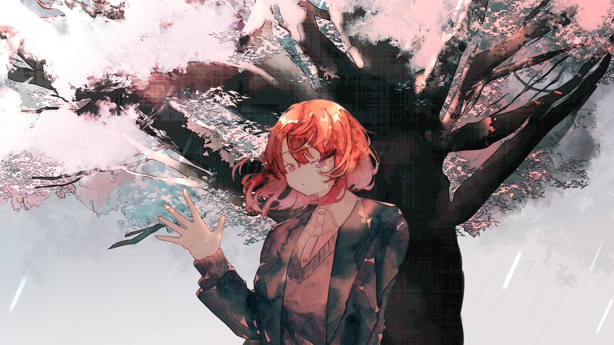 1girl solo tree red hair jacket cherry blossoms long sleeves  illustration images