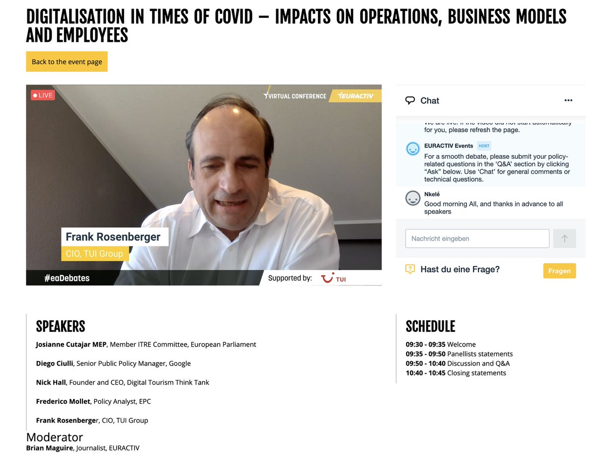 PastleitnerRalf's tweet photo. TUI Group CIO Frank Rosenberger talks about the importance of digital transformation in tourism especially in times of crises with a high-level panel organized by @EURACTIV and @TUIGroup. #eaDebates #TUIpolitics @josiannecutajar @DiegoCiulli FredericoMollet NickHall @googleeurope https://t.co/zkDv19YpQp