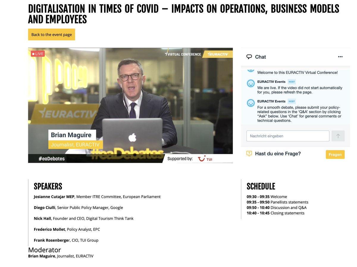 PastleitnerRalf's tweet photo. TUI Group CIO Frank Rosenberger talks about the importance of digital transformation in tourism especially in times of crises with a high-level panel organized by @EURACTIV and @TUIGroup. #eaDebates #TUIpolitics @josiannecutajar @DiegoCiulli FredericoMollet NickHall @googleeurope https://t.co/zkDv19YpQp