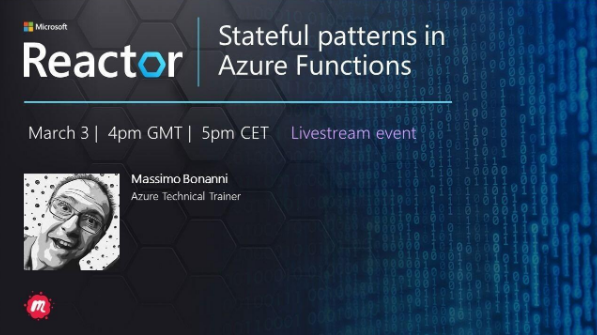 MSFTReactor's tweet photo. 💭 What does the adjective "stateful" have to do with #Azure Functions? 

Join our session tomorrow with @massimobonanni where you will see that the main Azure #serverless technology can be used to create stateful entities: https://t.co/WMB1MFMHME https://t.co/saThrPgqwx