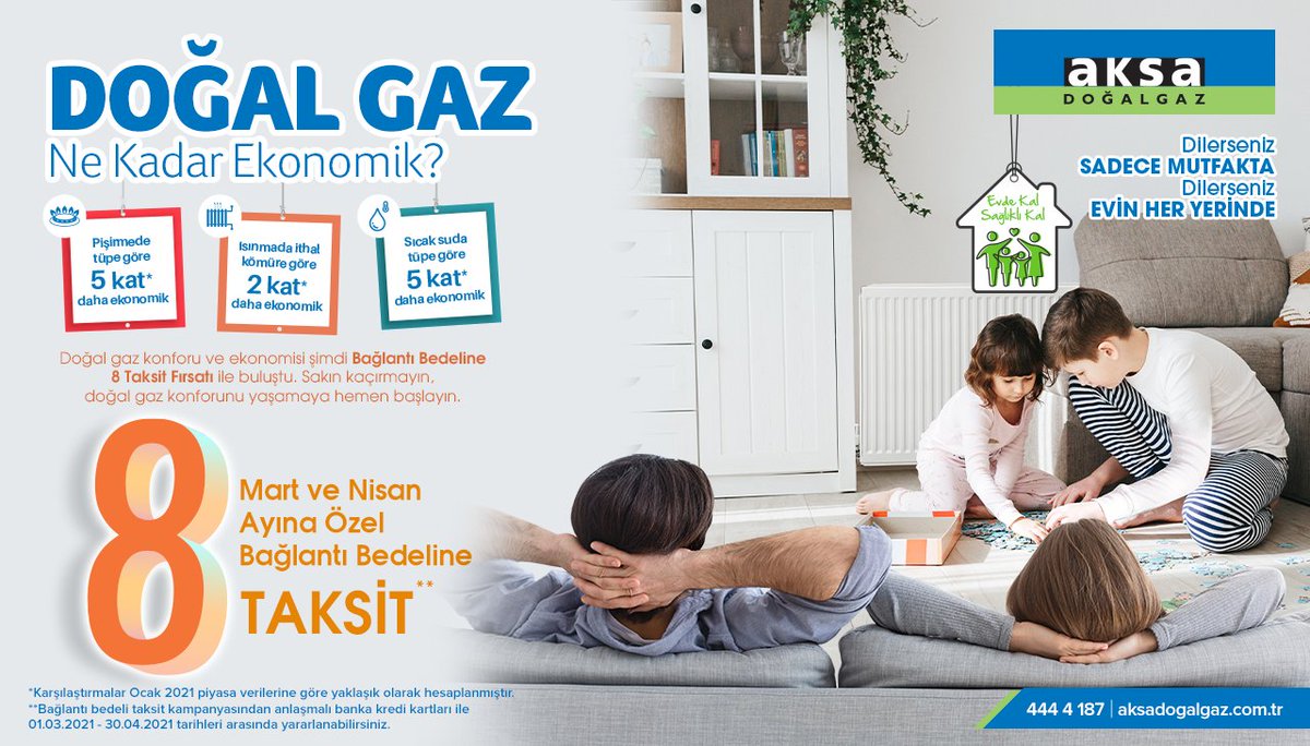 Doğal gaza geçmek için bir çok neden var! 
Üstelik #Mart ve #Nisan ayları boyunca #doğalgaz konforu Bağlantı Bedeline 8⃣ Taksit kolaylığıyla!
Detaylı bilgi için: bit.ly/8TaksitFırsatı