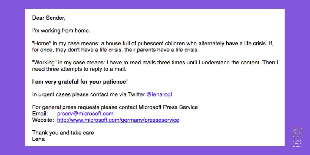 Lieber Absender, ich arbeite von zu Hause“, beginnt  die E-Mail-Autoreply von <a href="/LenaRogl/">Magdalena Rogl</a>. Was dann kommt ist eine Erklärung, was das für sie und ihre Familie heißt und die allen Eltern im #Homeoffice aus der Seele spricht. Zurecht erntete sie  dafür digitalen Applaus.