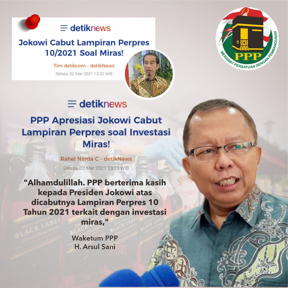 Hasil tidak akan menghianati proses 

Alhamdulillah PPP berterima kasih atas dukungan dari berbagai kalangan para Ulama, Ormas Islam (NU, Muhammadiyah &amp; MUI), bahwa Lampiran Perpres No 10 Tahun 2021 tentang Investasi Miras resmi dicabut oleh Presiden <a href="/jokowi/">Joko Widodo</a>