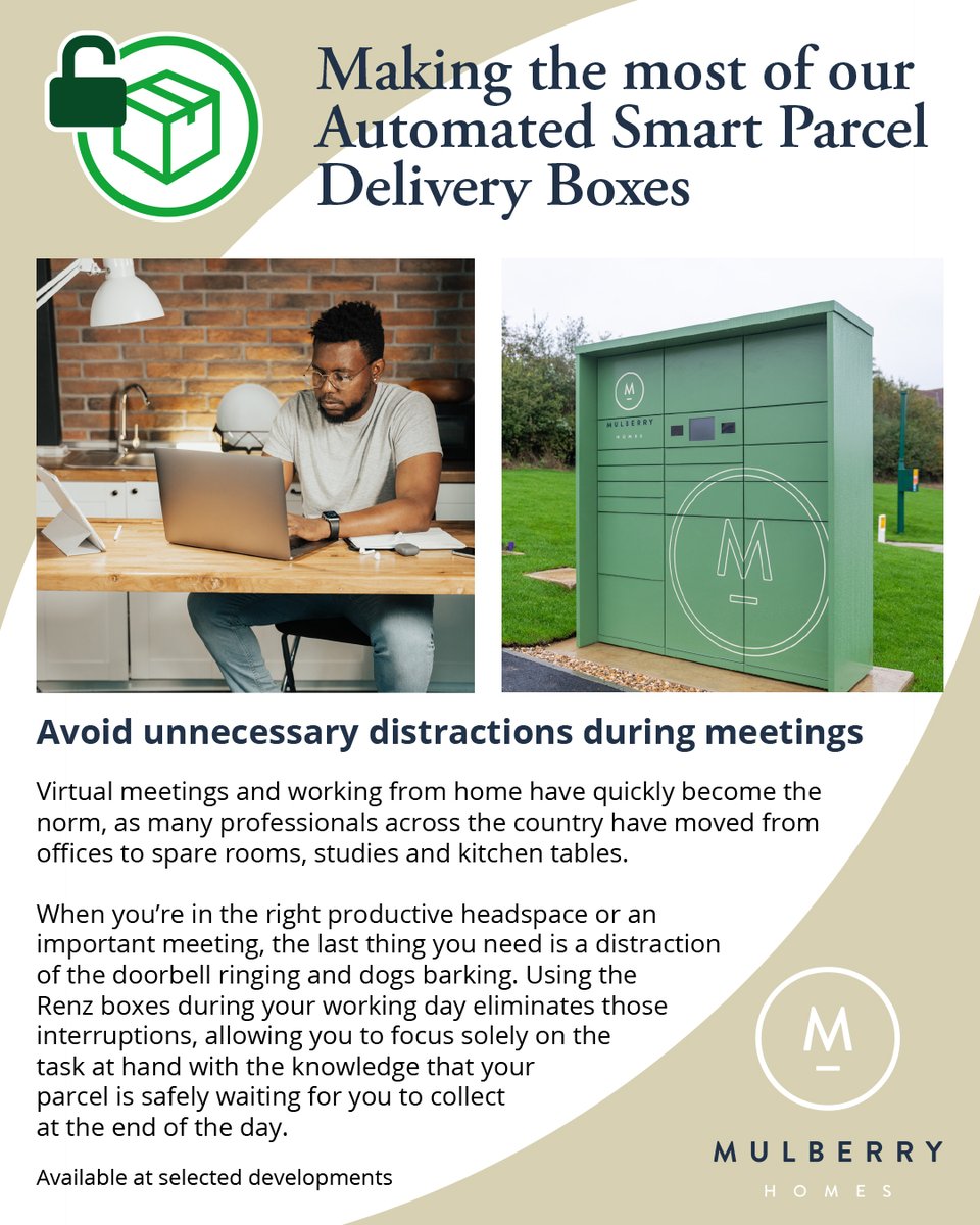 MulberryHomesUK's tweet image. Automated smart parcel delivery boxes, have been recently introduced to selected developments. Our top ways utilising a Renz box can provide a huge helping hand:

1.Avoid unnecessary distractions during meetings

#renzboxes #deliveryboxes #benefits #zoomcall