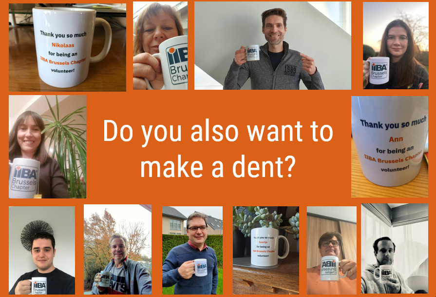 Do you also want to make a dent?
Then, register for our Volunteering Speed Date. Find more information on our "Volunteer" Page 👇
brussels.iiba.org/volunteer
