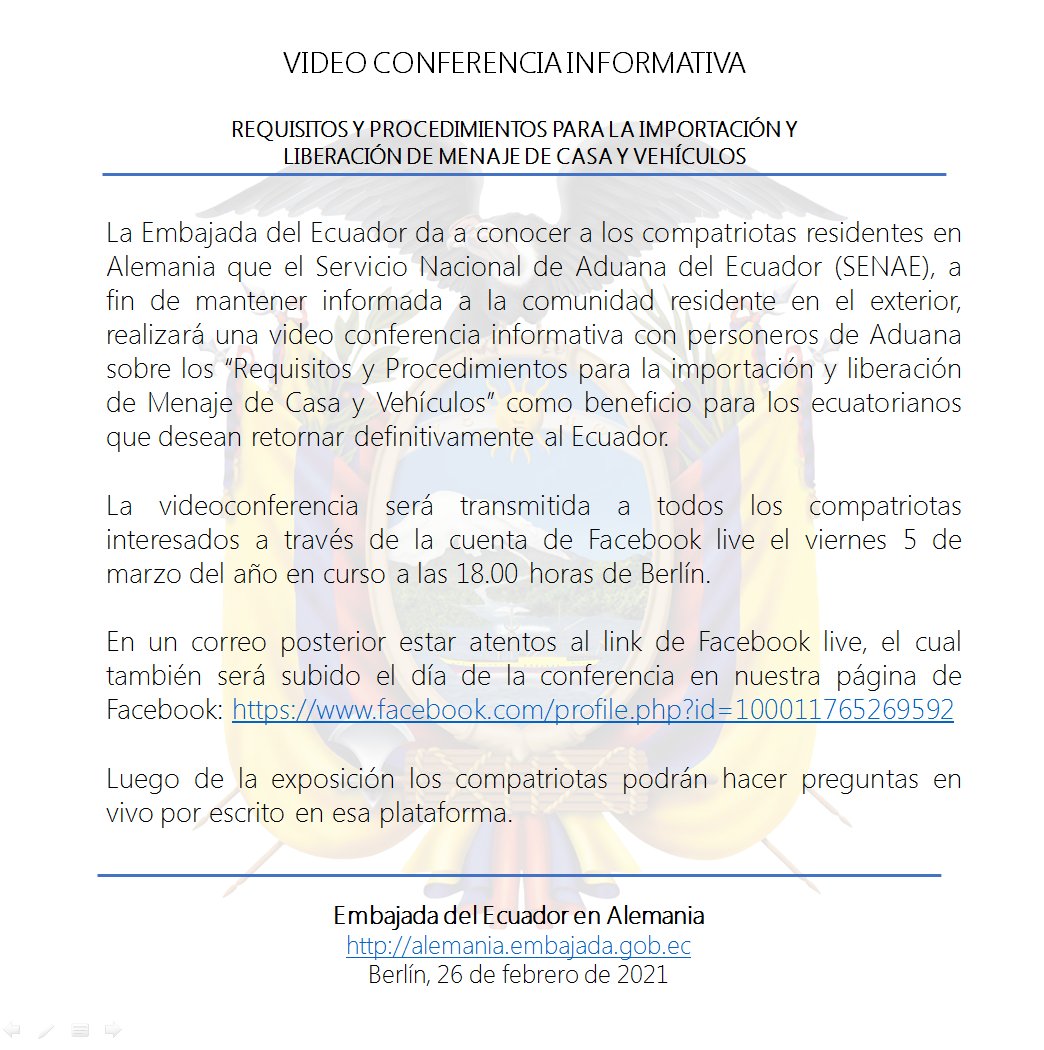 Este viernes 5 de marzo, a las 18H00 (hora de Alemania)
Video conferencia informativa 🌎
"Importación y liberación de menaje de casa y vehículos".🚙🌐🏡
Más información: 🏠🚘
bit.ly/300F9SC 🌍🚕
🏘️🚗