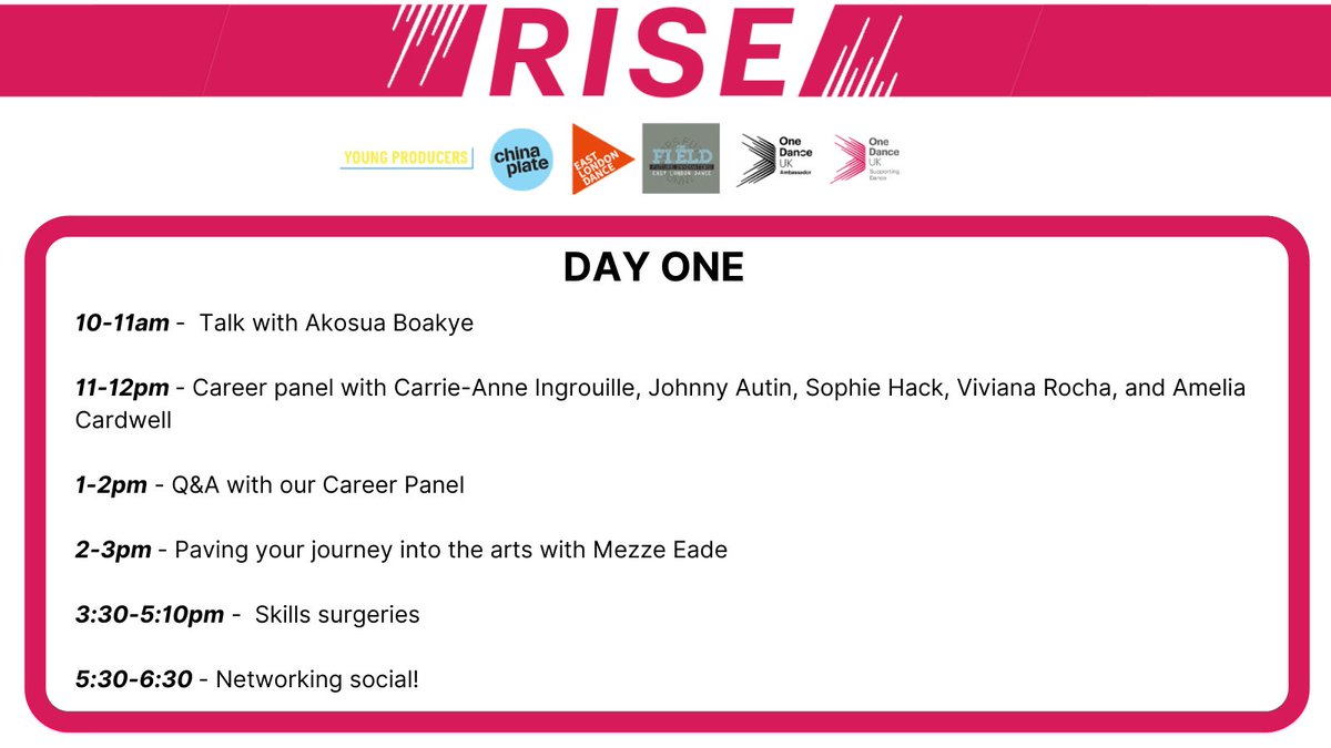 📣 Welcome to the first day of RISE! We have an exciting, jam-packed day ahead ⬇️ Head over to Instagram to get full coverage on the day from <a href="/OneDanceUK_Rep/">One Dance UK Dance Ambassadors</a>. Join the conversation &amp; let us know your thoughts using #RISECreativeCareers #NCW2021