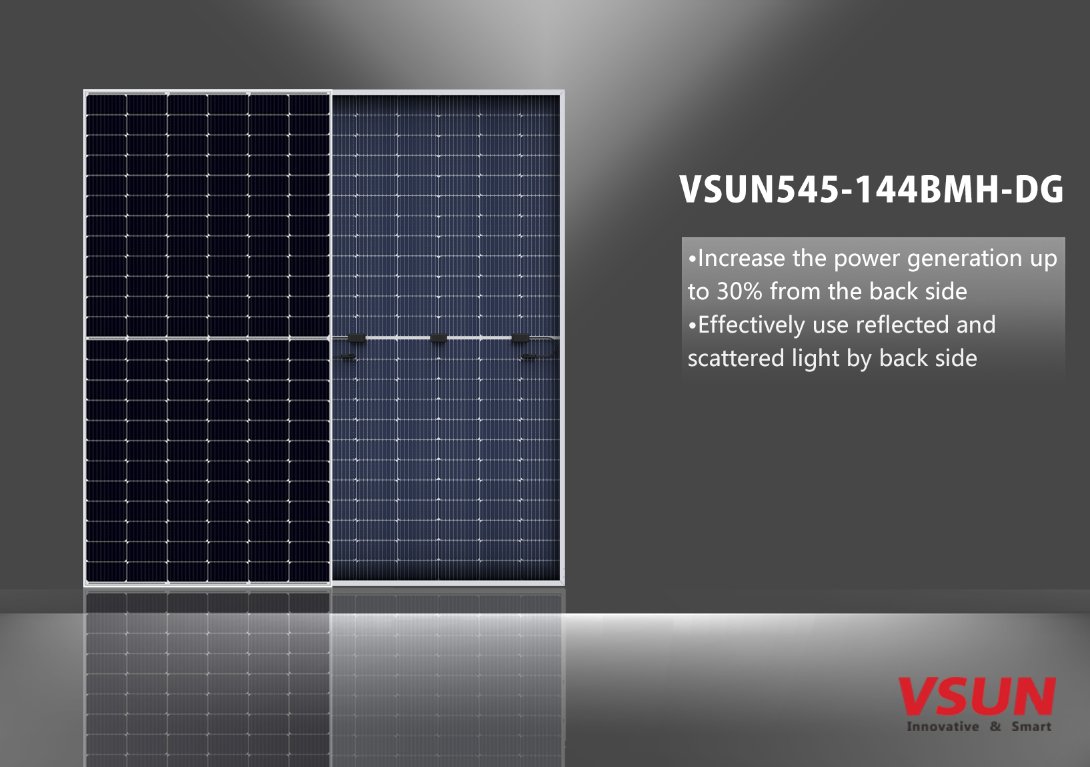 vsun_solar's tweet photo. VSUN545-144BMH-DG can make efficient use of #backside reflection. It makes extra power generation yield #upto30%,  has better power generation capacity and lower #irradiance performance.☀☀
#solarmodules #pvsolar #solarindustry #technology #cleanenergy #utilityprojects #bifacial https://t.co/CSGhmZXIfo