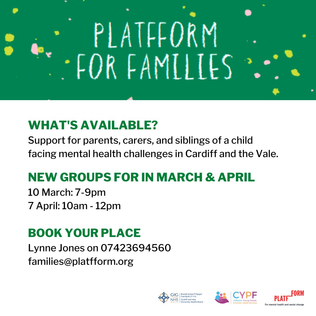weareplatfform's tweet photo. New online groups starting in March for people based in Cardiff and the Vale! 

Are you a parent, carer or sibling of a young person facing challenges with their mental health? 

Get in touch with our team at families@platfform.org https://t.co/jTALhoIlcE
