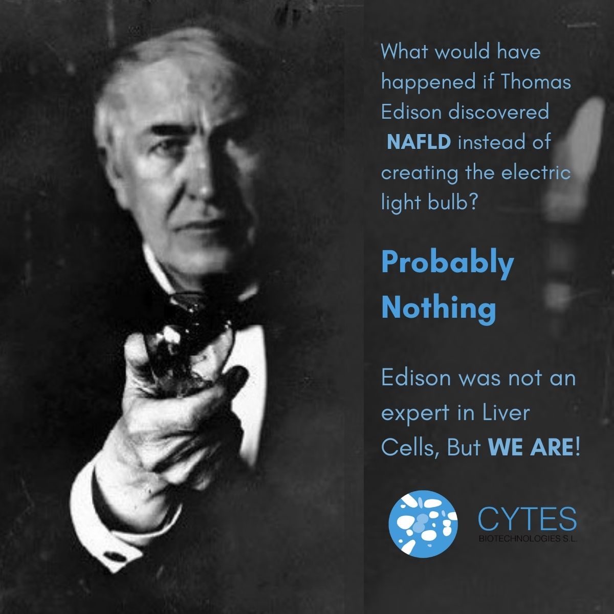 CytesB's tweet photo. ๐ก #ThomasEdison was the inventor of the incandescent light bulb. He was an expert in electricity and revolutionized the world. However, Edison likely didnโt know that the human #liver can regenerate.
๐ค What would have happened if Edison discovered #NAFLD?
#Expertsinlivercells https://t.co/LYSEipUOiP