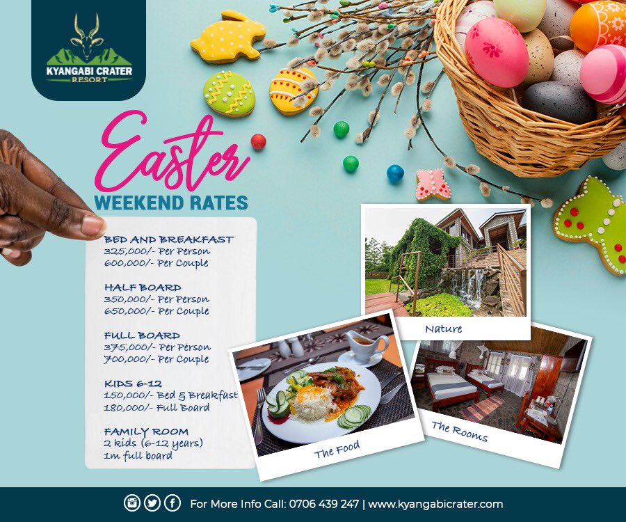 Kyangabi_Resort's tweet photo. The long easter weekend shall be spent with family at Kyangabi Crater Resort, the natural paradise. ☀️🌳

Introducing our easter weekend rates valid from 1st-5th April 2021. 

🌍https://t.co/m88IUDSBNc 
For more information/bookings: 0706439247 https://t.co/IyDs1Wwn6b