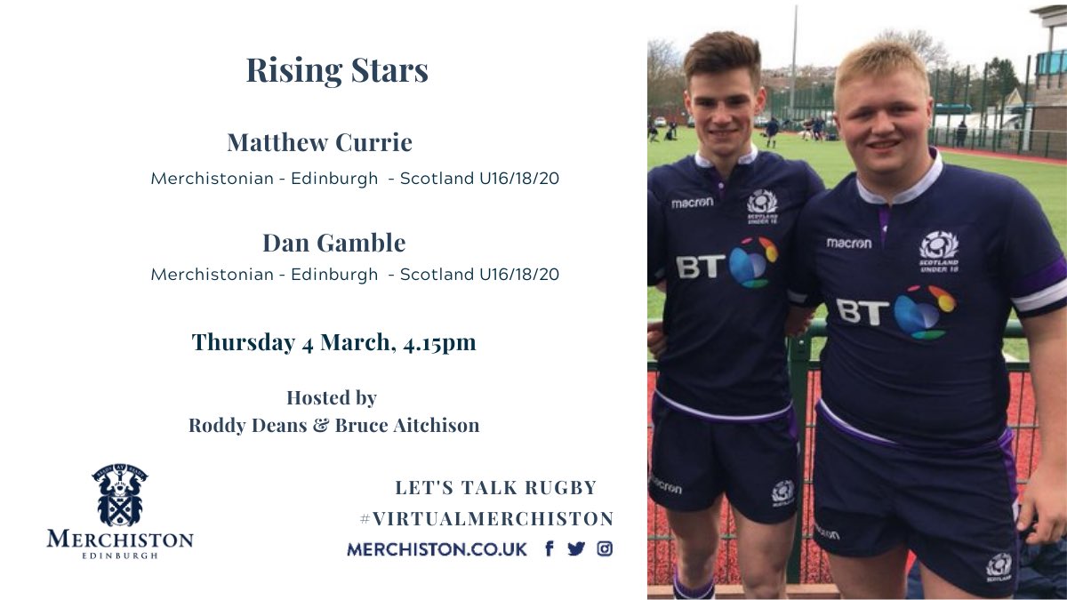 📣Join us on Thursday at 16:15 to listen to our “Rising Stars” <a href="/MatthewCurrie14/">Matthew Currie</a> <a href="/DanGamble08/">Dan Gamble</a> on school career, age grade Rugby, transition into <a href="/EdinburghRugby/">Edinburgh Rugby</a> &amp; training with <a href="/Scotlandteam/">Scottish Rugby</a> 🏰🔵🔴🏉

Please click:
zoom.us/j/94362526860?…
 
Passcode: zL2jZ8

#risingstars #oldboys