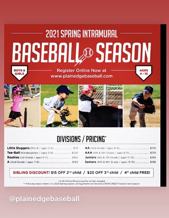 PYBLbaseball's tweet photo. Online Registration ends soon!

From Pre-K (ages 4 &amp; 5) through 8th &amp; 9th grade

2021 SPRING INTRAMURAL
BASEBALL SEASON

Online Registration Open at: https://t.co/QIp93m4jgS
 
#plainedgemoms #Plainedge #WeArePlainedge 
#LONGISLAND #NassauCounty #Nassau #Bethpage #Massapequa #⚾️ https://t.co/sEP0Am65U9