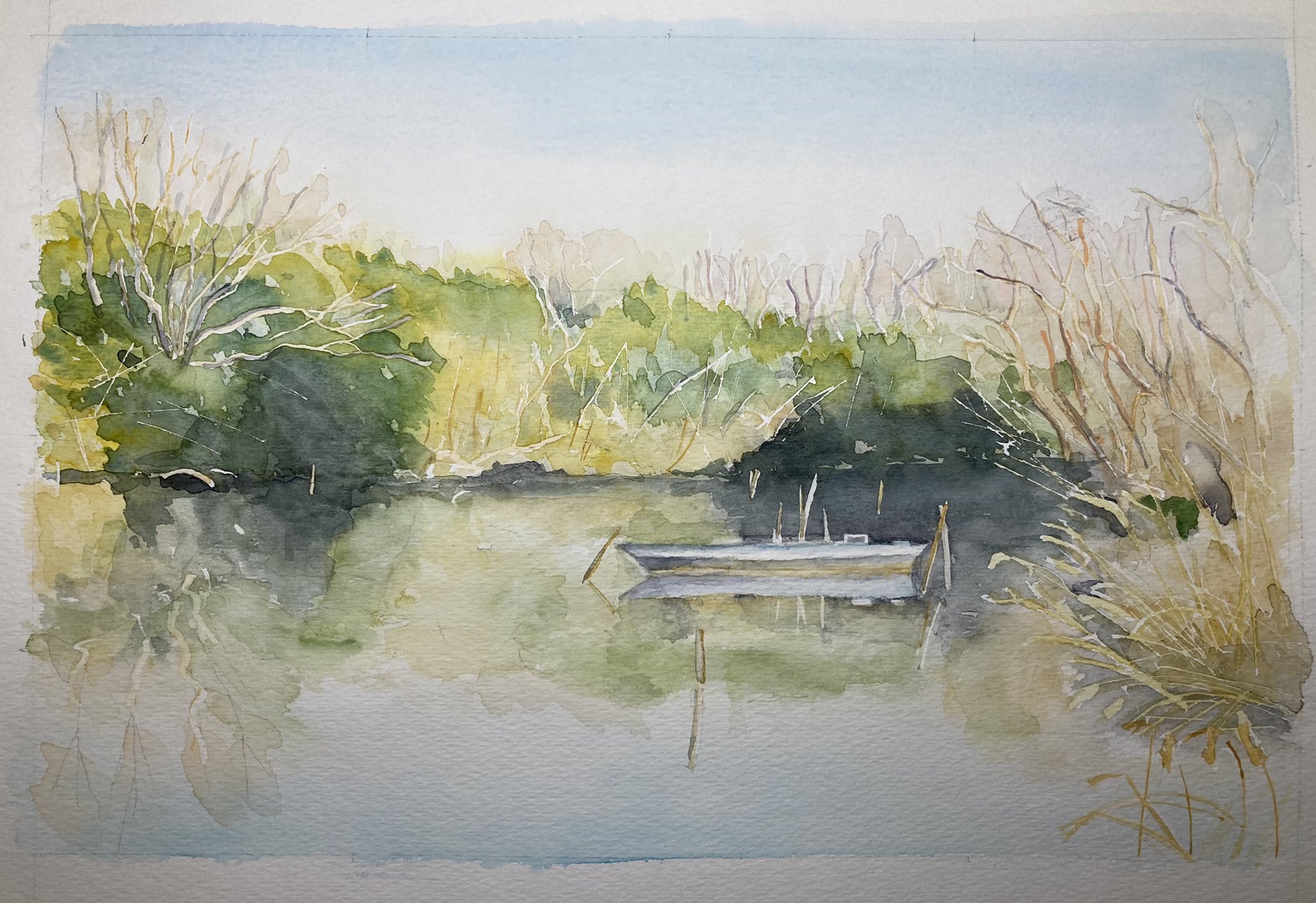 そら爺 地元 ご近所の風景シリーズです 木曽川河川敷の風景を早描きしました スケッチじゃなく机上でマスキングを使ってサラッと描いています 自分は こんな描き方が好きなのかもしれないですww Vifart F4 ホルベイン透明水彩 風景画 透明水彩