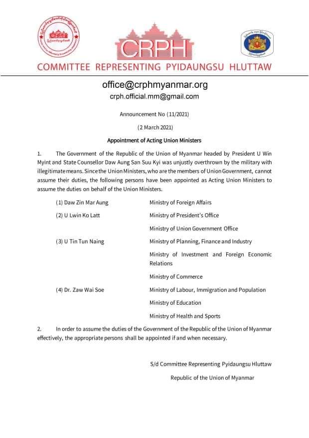 ArkerKyaw8's tweet photo. @USAmbUN Our legitimate governmental body CRPH appointed temporary Union Ministers. We request UN and international to recognize and LEGITIMIZE the CRPH and the ministers who will represent and work for over 50M Myanmar citizens! https://t.co/6dBa5JvQlQ