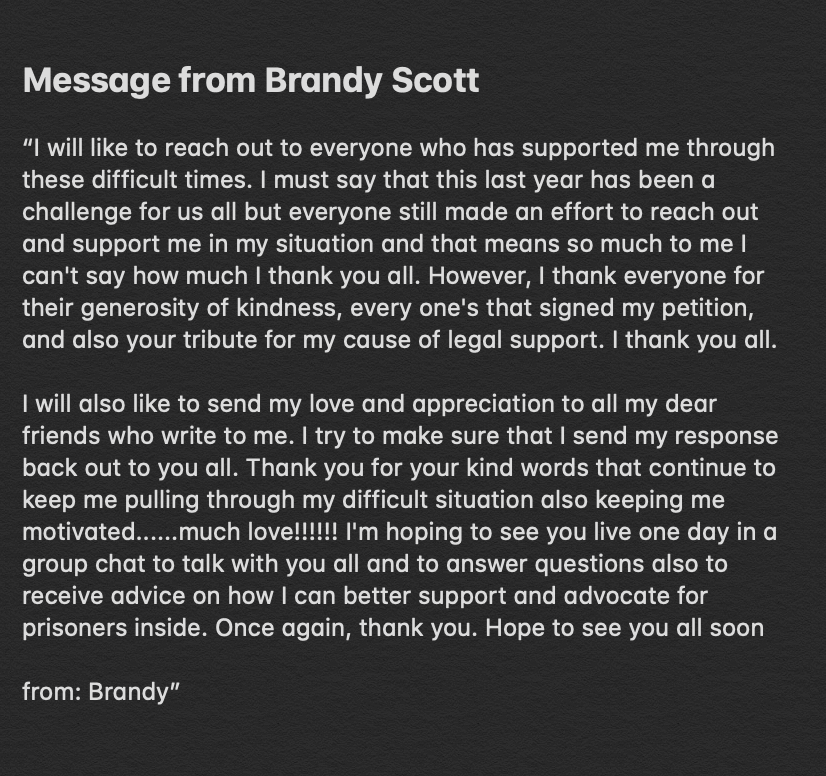 a thank you message from Brandy Scott, criminalized survivor of domestic violence