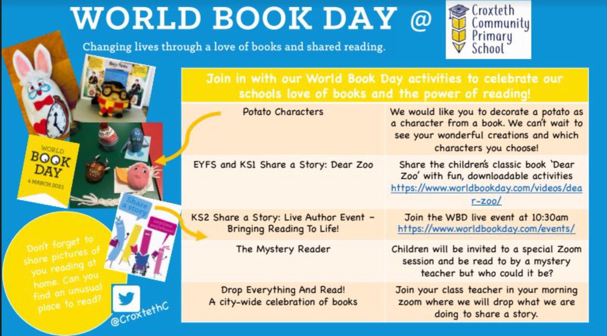 Year5Croxteth's tweet photo. Thursday is World Book Day, we have some great activities for our children. Have a look at the poster below https://t.co/nLhj30jzt1