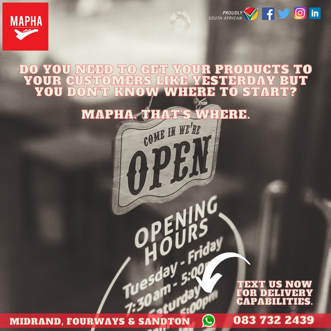 Mapha_Logistics's tweet photo. Start with Mapha. Text us to partner today. π
#mapha #getitall #supportsmallbusinesses #partnertoday #deliveryservice https://t.co/foqmTRUEhB