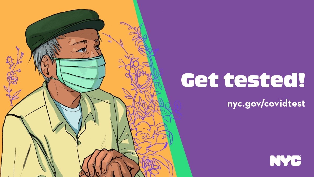 Illustration of an older man wearing a green hat and a face covering. Text reads: Get tested: nyc.gov/covidtest."