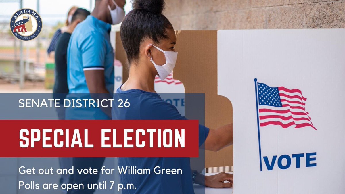ALGOP's tweet photo. It's Special Election Day in Montgomery County! Get out and vote for William Green in Senate District 26.  Polls are open until 7 p.m. #GOTV #alpolitics https://t.co/cpjNKJRCYw