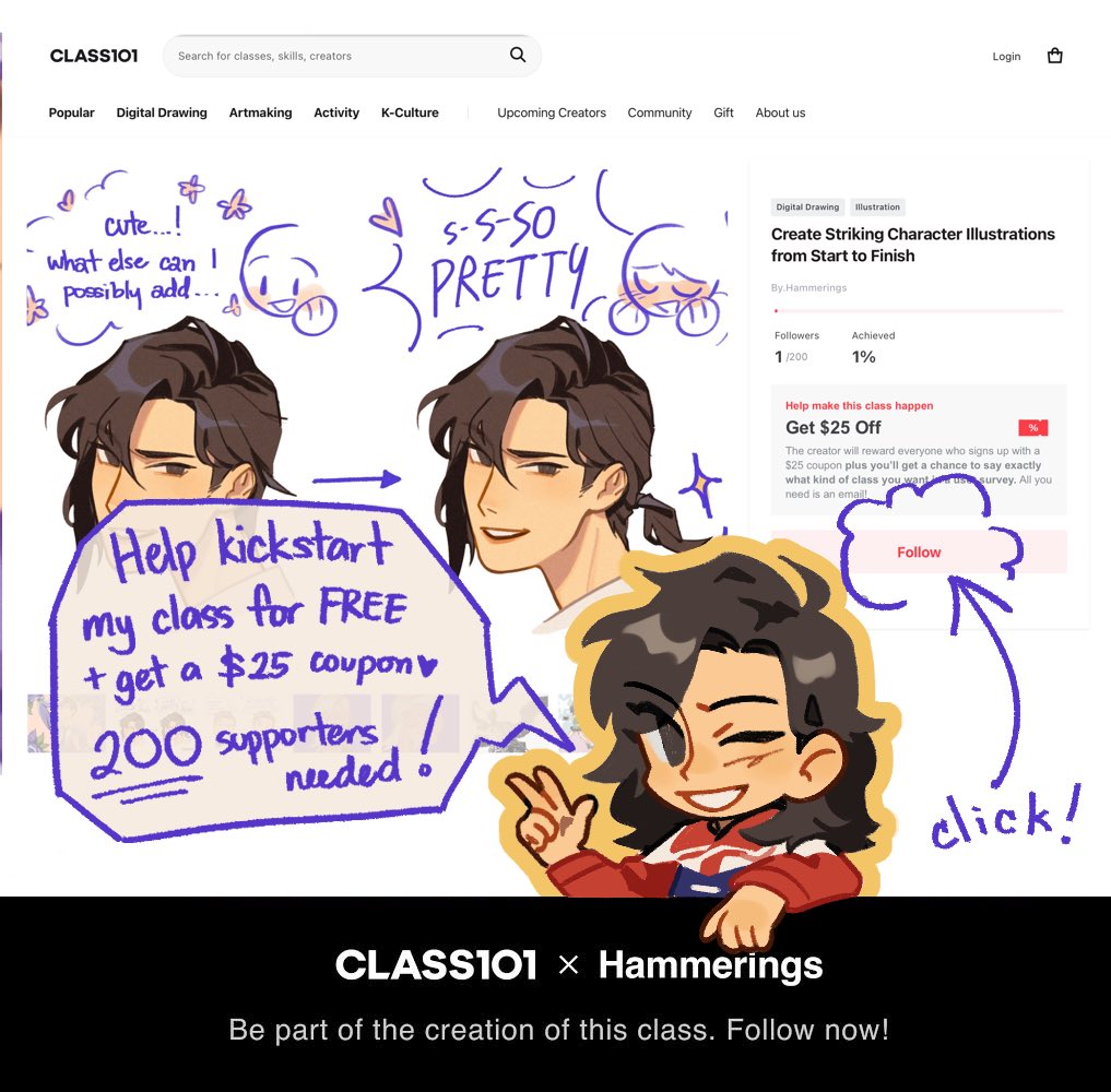 RT???

Hello! Excited to announce that I'm working with @class101us to create an online course on character illustration + promoting your art online!

To make it happen, I'll need 200 supporters to sign the interest check (FREE + get a $25 coupon!)

Link + more info below ⬇️ 