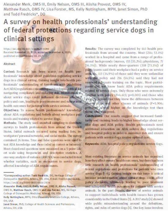 JOsteoMed's tweet photo. In this new paper — https://t.co/OSv9UyxS7l — the authors analyzed responses from 441 healthcare workers to determine their knowledge about ADA regulations, their workplace protocols, and their training related to service dogs #ADA #ServiceDogs https://t.co/yz9ARosZeY