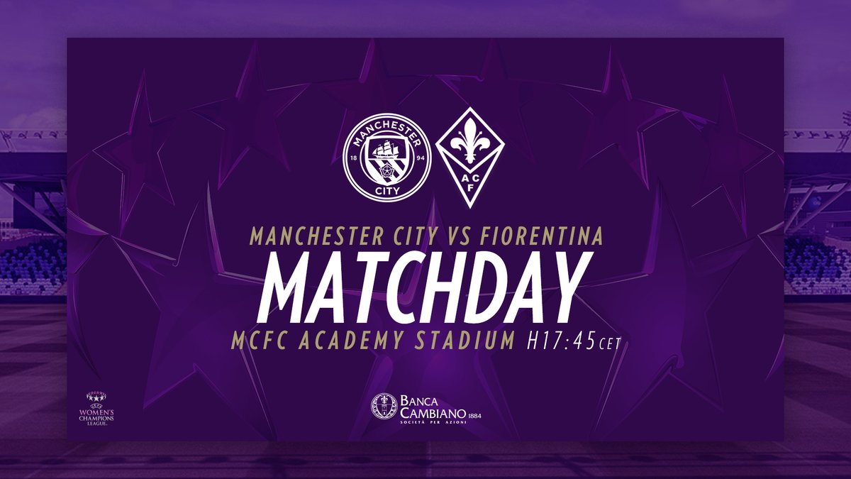 ⚜️ | MATCHDAY

🏆 <a href="/UWCL/">UEFA Women’s Champions League</a>
🆚 <a href="/ManCityWomen/">Manchester City Women</a>
⏰ H 17.45
🏟 City Football Academy Stadium - Manchester
🖥️ LIVE STREAMING su acffiorentina.com 
⚡️ Powered by <a href="/bancacambiano/">bancacambiano</a>

#ForzaViola 💜 #Fiorentina #ManCityFiorentina #UWCL