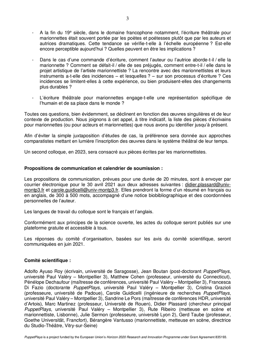 PaulRob_DH's tweet photo. Premier colloque international #PuppetPlays !
Le projet ERC PuppetPlays organise un colloque international du 14 au 16 octobre 2021 à Montpellier sur le thème de l'écriture littéraire pour marionnettes du XVIIe siècle à nos jours.
Plus d'informations : https://t.co/GSt141ZR2B https://t.co/LlUbxohGZb