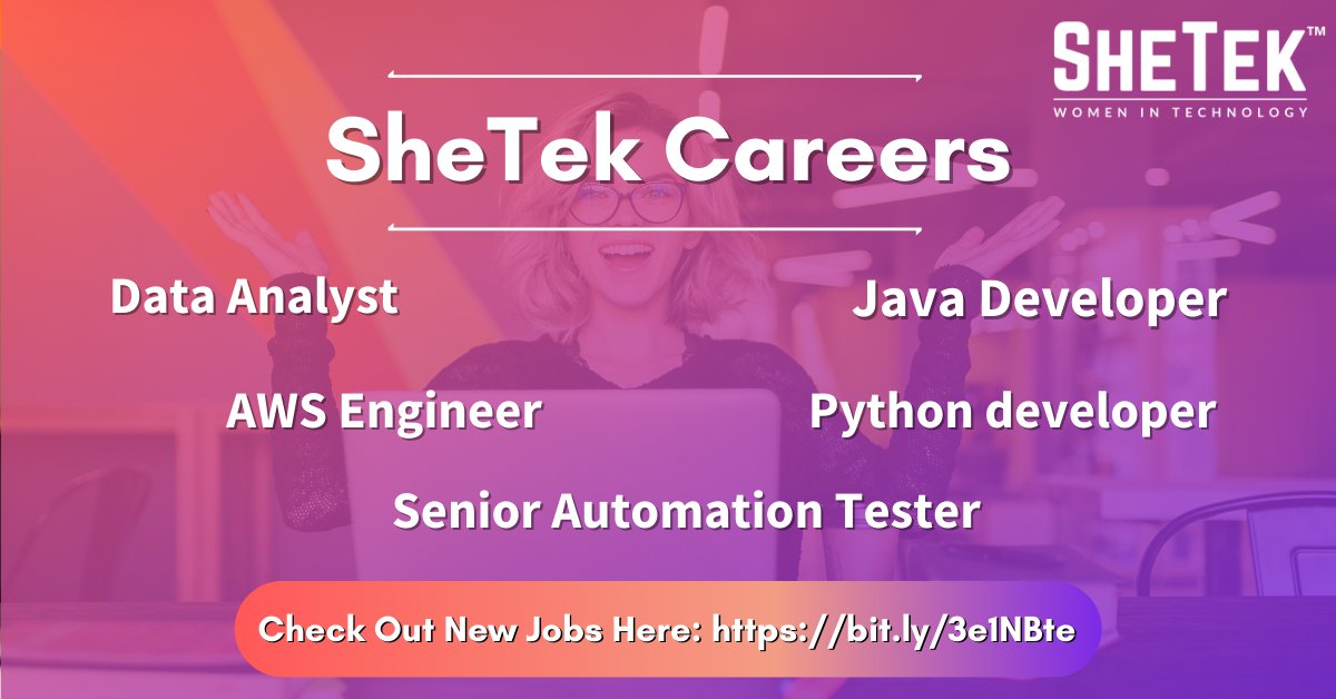 SheTekGlobal's tweet photo. New #hotjobs in tech available at #SheTek today! New #DataAnalyst, #JavaDeveloper, #AWSEngineer, &amp; #Pythondeveloper positions have been posted in SheTek Careers. Take advantage of our newest #opportunities today #SheTekCommunity https://t.co/ykSaAN1Hfn
#PamTen #SheTekCareers https://t.co/QurVMqTm3V