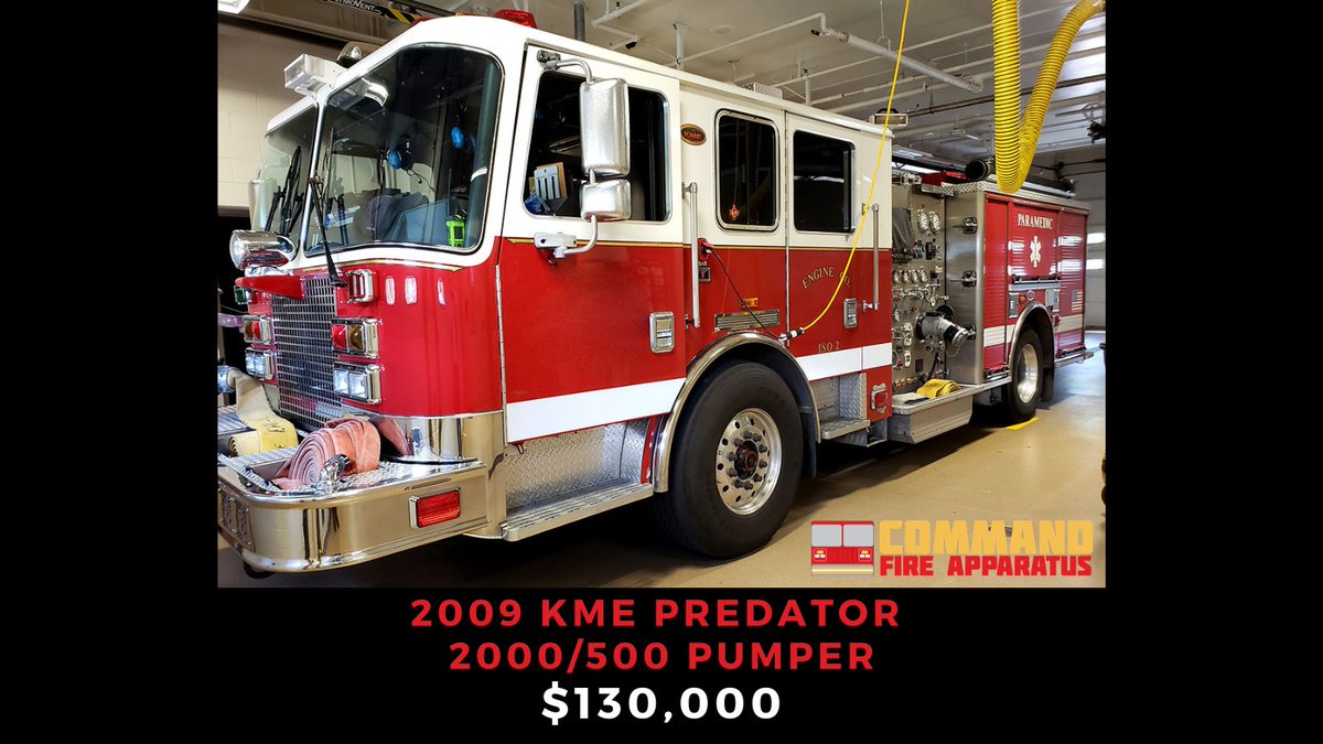 CommandFireApp's tweet photo. FOR SALE NOW: 2009 KME Predator 2000/500 Pumper for $130,000. Powered by Cat C-13 470HP diesel engine, 2000 GPM Waterous side mount two-stage pump with current pump test, 500-gallon poly tank, and Hydraulic ladder rack. Learn more: https://t.co/r7lNKnHwAy https://t.co/KwKUwLI5jJ