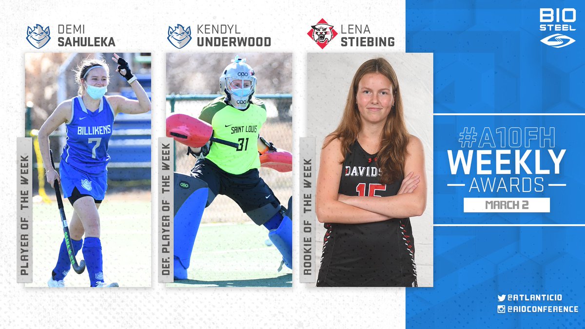 Congratulations to our first #A10FH 🏑 weekly award winners from <a href="/SLUFieldHockey/">SLU Field Hockey</a> and <a href="/DCFH/">Davidson Field Hockey</a> 👏

Offensive Player: Demi Sahuleka, SLU
Defensive Player: Kendyl Underwood, SLU
Rookie: Lena Stiebing, DAV

📰: bit.ly/3b8j9vp