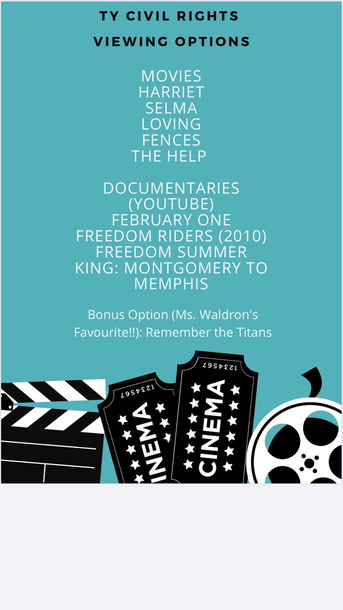 CayceWaldron's tweet image. #tyhistory New homework task for my TYs this week. Watch a movie/ documentary from the list and complete the worksheet! Trying desperately to make online learning bearable for them! They have my deepest sympathy 😭 #civilrightsmovement #studentautonomy