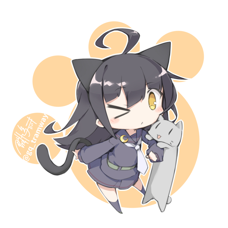 mikazuki (kancolle) 1girl animal ears black hair cat ears ahoge one eye closed tail  illustration images