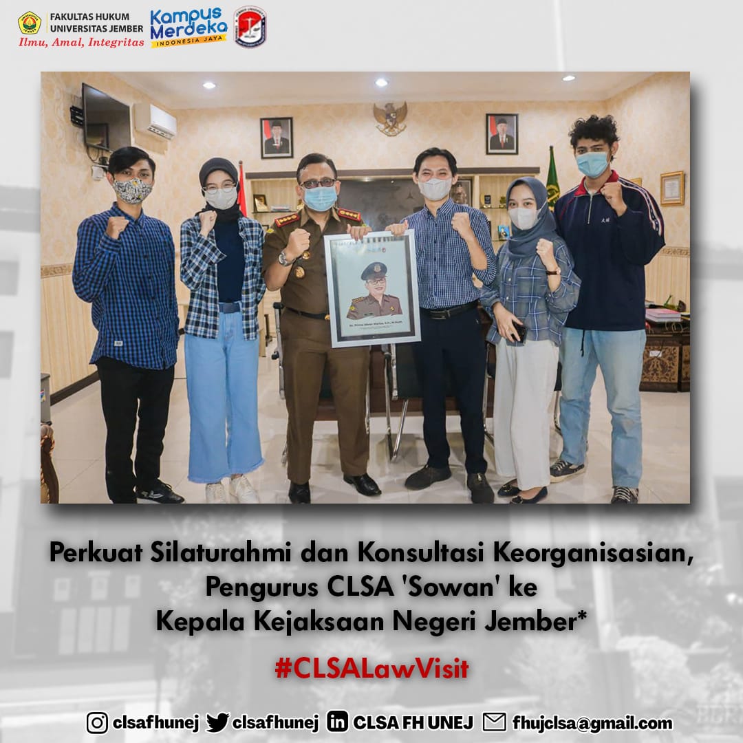 clsafhunej's tweet photo. Halo Sobat Pidana!
Dalam rangka mewujudkan Gagasan Ketua Umum CLSA dan program kerja CLSA 2021, sekaligus silaturahmi dan konsultasi keorganisasian, Pengurus CLSA mengunjungi Kepala @Kejari_Jember*, Dr. Prima Idwan Mariza, S.H., M.Hum.
#CLSA #FHUNEJ #LawStudent #Kejaksaan https://t.co/0PGZo5DvOf