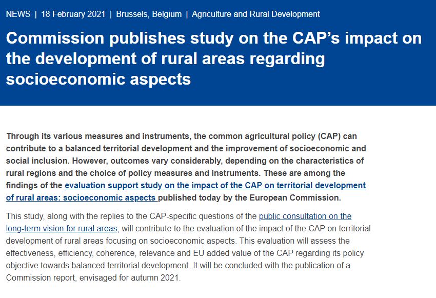 Commission publishes study on the CAP’s impact on the development of rural areas regarding socioeconomic aspects | European Commission europa.eu/!Xu88wf via <a href="/EU_Commission/">European Commission</a> 
<a href="/EU_ENV/">EU Environment</a> <a href="/EUAgri/">EU Agriculture🌱</a> <a href="/ENRD_CP/">ENRD Contact Point</a> <a href="/Alex_ENRD/">Alex</a> <a href="/ENRD_Evaluation/">Evaluation Helpdesk</a> @NeniaMicha <a href="/EnglishRural/">English Rural 🏡</a> <a href="/NICRErural/">National Innovation Centre for Rural Enterprise</a>