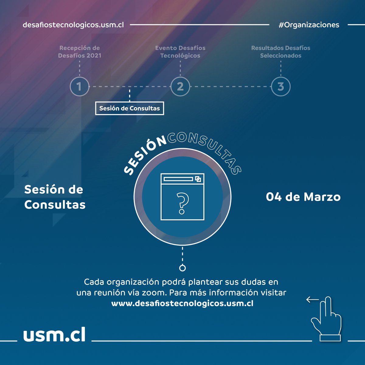 🍀¡Atención organizaciones! Ya están abiertas las postulaciones para los Desafíos Tecnológicos 2021 de la <a href="/usantamaria/">USM</a> 
Si quieres saber más, realizaremos una Sesión de Consultas.
🗓️Jueves 04 de marzo
⏰15:00 horas
👉 Inscripción: desafiostecnologicos.usm.cl/eventos/6