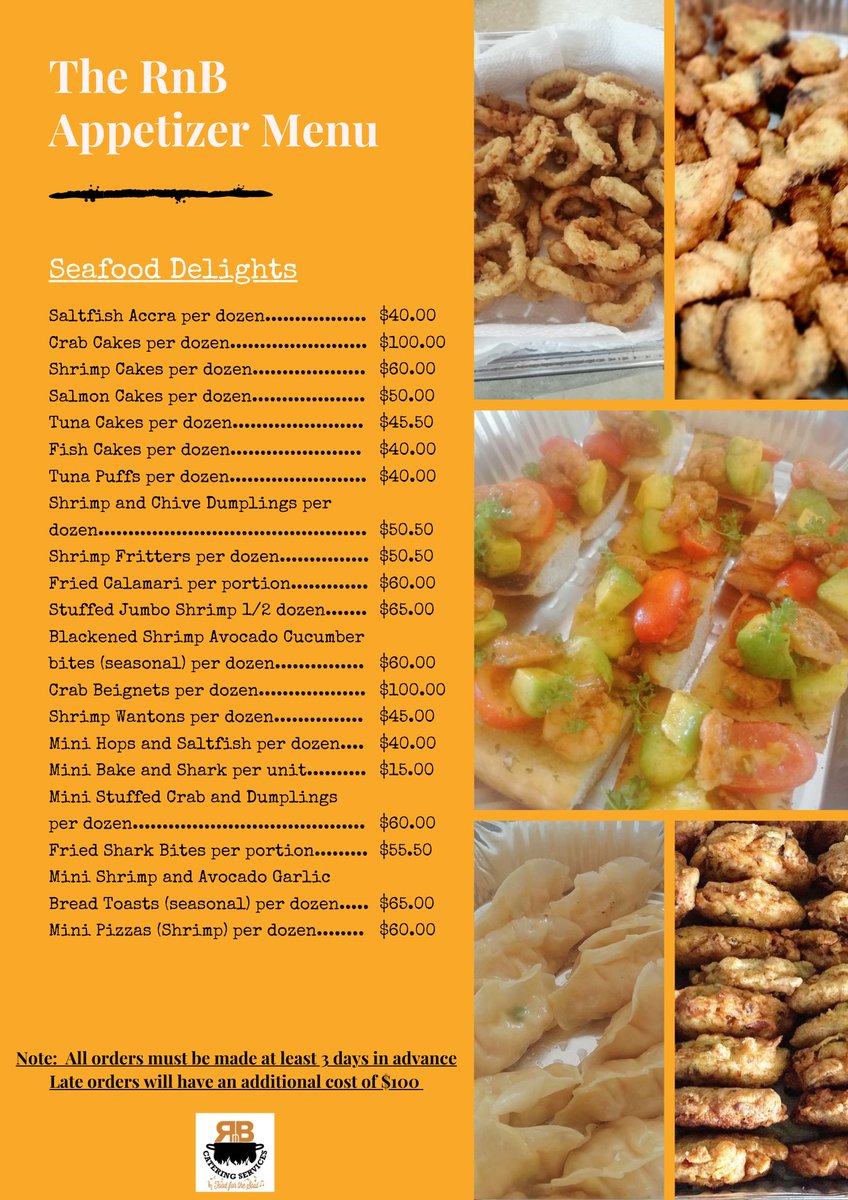 CateringRnb's tweet photo. 🗣🚨Revised Menu 🚨🗣#

Check out our revised Appetizer Menu with new items and updated prices
Place your order to rnbcateringtnt@gmail.com with your contact and location for delivery. https://t.co/FtyiyQgj9N