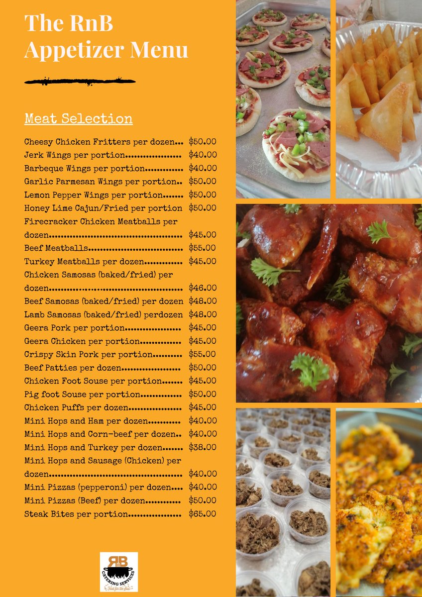 CateringRnb's tweet photo. 🗣🚨Revised Menu 🚨🗣#

Check out our revised Appetizer Menu with new items and updated prices
Place your order to rnbcateringtnt@gmail.com with your contact and location for delivery. https://t.co/FtyiyQgj9N