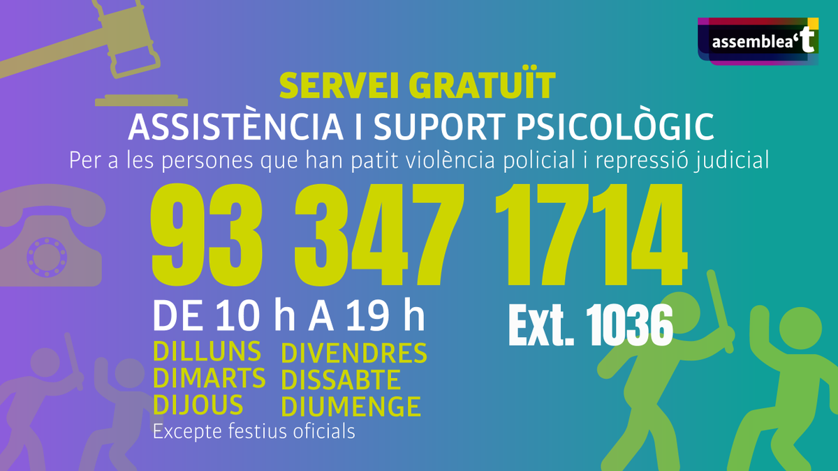 assemblea's tweet image. ⬛️⬜️📢 Activem un servei telefònic gratuït d&apos;assistència psicològica per a persones que han patit violència policial i repressió judicial, gràcies a @psicolegsanc! 

📞 933471714, ext. 1036 
📌 Cada dia de 10 a 19 h (menys els dimecres) 

Fem #XarxaIndependència