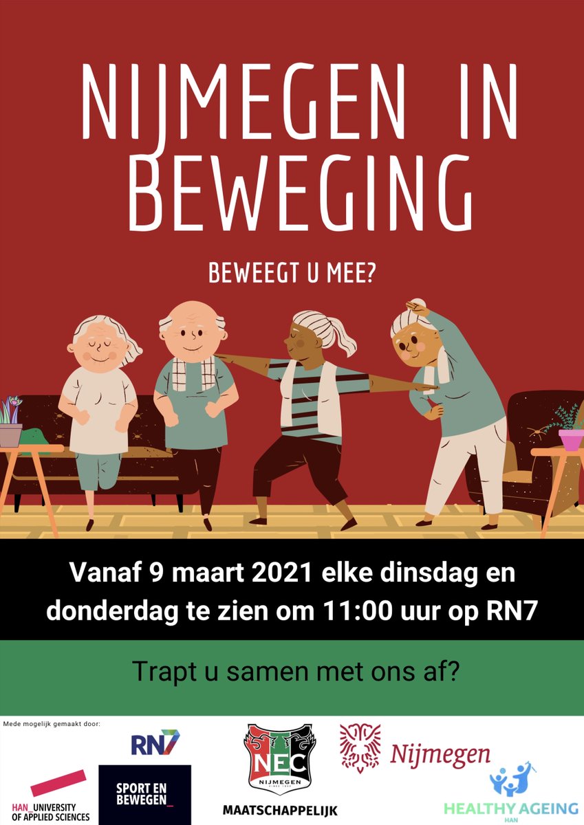 Vanaf 9 maart is iedere dinsdag en donderdag om 11:00 een beweegles van 15 minuten te zien op RN7. Speciaal gericht voor mensen op leeftijd om fit te blijven in deze tijd. Ben of ken jij iemand die in deze doelgroep valt? Doe mee! <a href="/HANnl/">HAN University of Applied Sciences (HAN)</a> <a href="/RN7Online/">RN7</a> <a href="/necnijmegen/">N.E.C. Nijmegen</a> <a href="/gem_Nijmegen/">Gemeente Nijmegen</a>