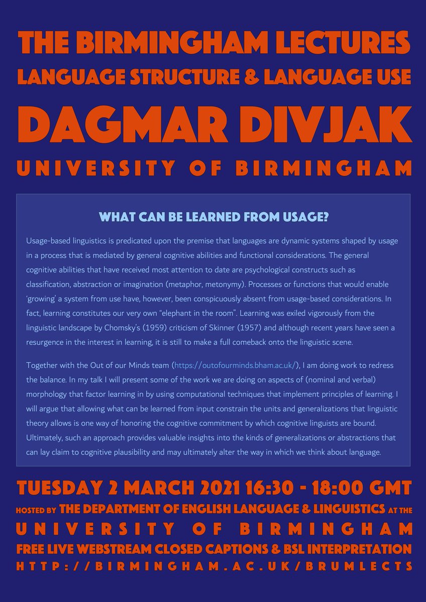 Jack Grieve (@jwgrieve) on Twitter photo Really excited to be welcoming <a href="/dagmardivjak/">Dagmar Divjak</a> and the <a href="/ooominds/">Out Of Our Minds</a> team to #brumlects today (4:30pm GMT)! Still plenty of time to register for zoom and as always we’ll be live streaming to YouTube. All the info you need is here birmingham.ac.uk/brumlects Really excited to be welcoming <a href="/dagmardivjak/">Dagmar Divjak</a> and the <a href="/ooominds/">Out Of Our Minds</a> team to #brumlects today (4:30pm GMT)! Still plenty of time to register for zoom and as always we’ll be live streaming to YouTube. All the info you need is here birmingham.ac.uk/brumlects