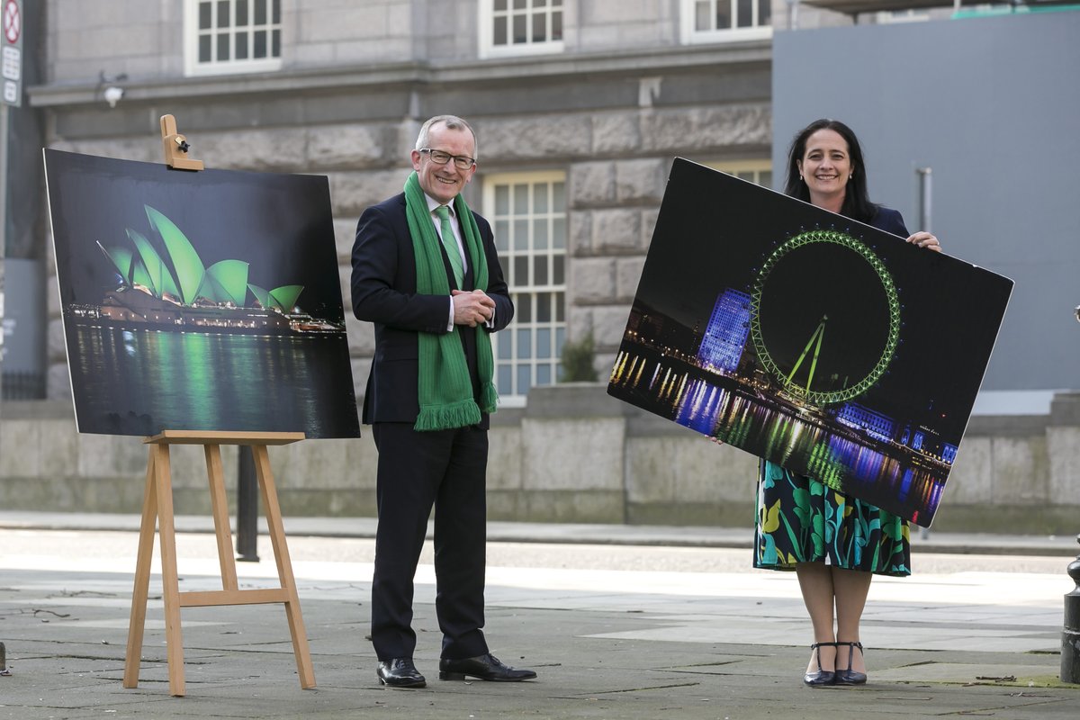 TourismIreland's tweet photo. Today, we're delighted to launch our #GlobalGreening initiative for 2021 with Tourism Minister @cathmartingreen. Click here to see the line-up of famous sites that will light up on green for St Patrick's Day: https://t.co/sfleoD6fKS 💚💚☘️ https://t.co/Mdams8cr8v