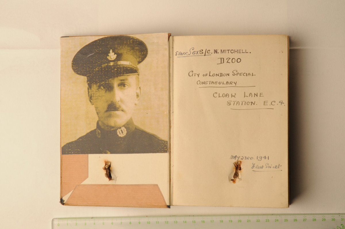 This is our favourite book in the museum – it saved the life of Special Constable Sergeant Mitchell in 1941. He was carrying his book of regs in his inside coat pocket when shrapnel hit it. What’s your favourite book? #HBAHBooks