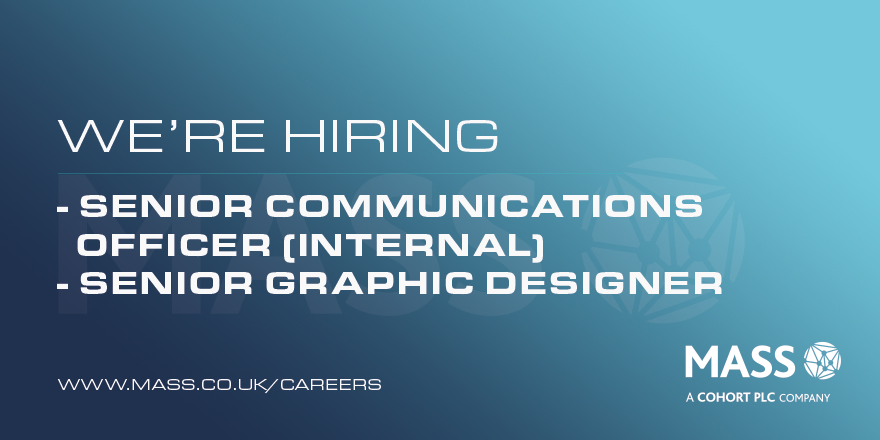 LifeatMASS's tweet photo. To celebrate National Careers Week, we are delighted to share with you 2 vacancies available within our comms team:

• Senior Communications Officer (Internal)
• Senior Graphic Designer

To find out more visit: https://t.co/b0FOIKiQlU or contact recruitment@mass.co.uk

#NCW21 https://t.co/JG96H9u4TL