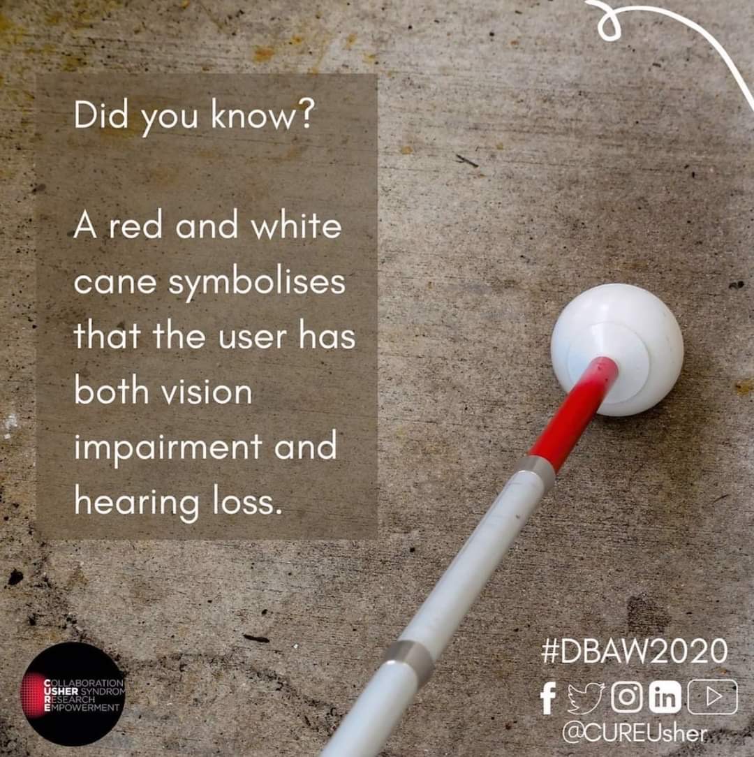 Joanne is 1 of 400,000 people living with #UsherSyndrome worldwide. She is holding the cane with red and white stripes that signifies that she is visually and hearing impaired. Usher guide dogs wear a red and white chequered harness.

#UsherSyndromeAwarenessDay  #LetsTalkUsher