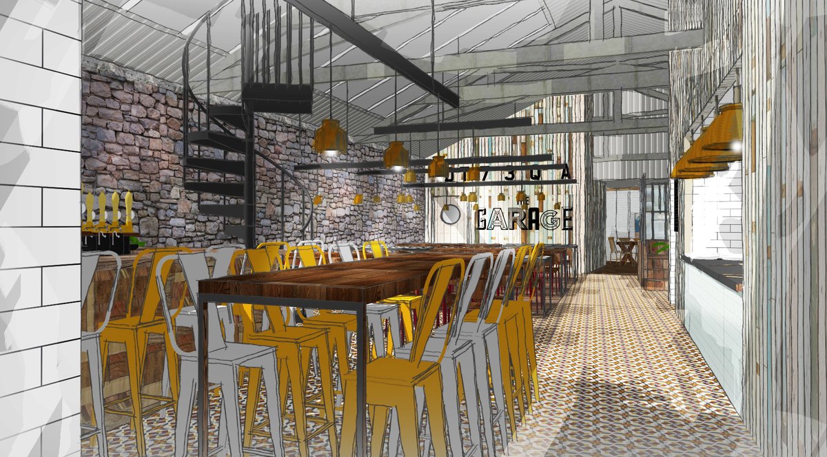 creed_design's tweet photo. At this project in Dorset, a steel spiral staircase rises from the tap room up to the discretely located terrace with prime views of the Jurassic Coast and the large timber clad walls are a great opportunity to use a bold, graphic, sign-written approach. #dorset #pubdesign https://t.co/NVZjFO8gR9