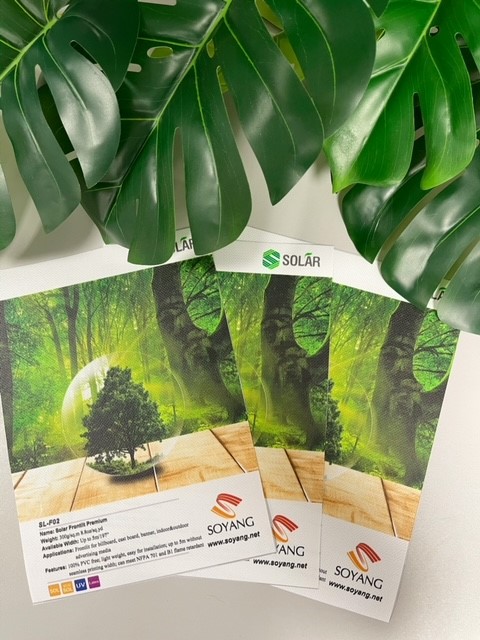 Benefits of our solar premium PVC free frontlit banner; 

1) It's compatible with UV, Solvent, Eco solvent and Latex inks.  
2) It has high opacity, reinforced strength and can reach different flame resistance. 
3) PVC free banner could bring profitable new opportunities.