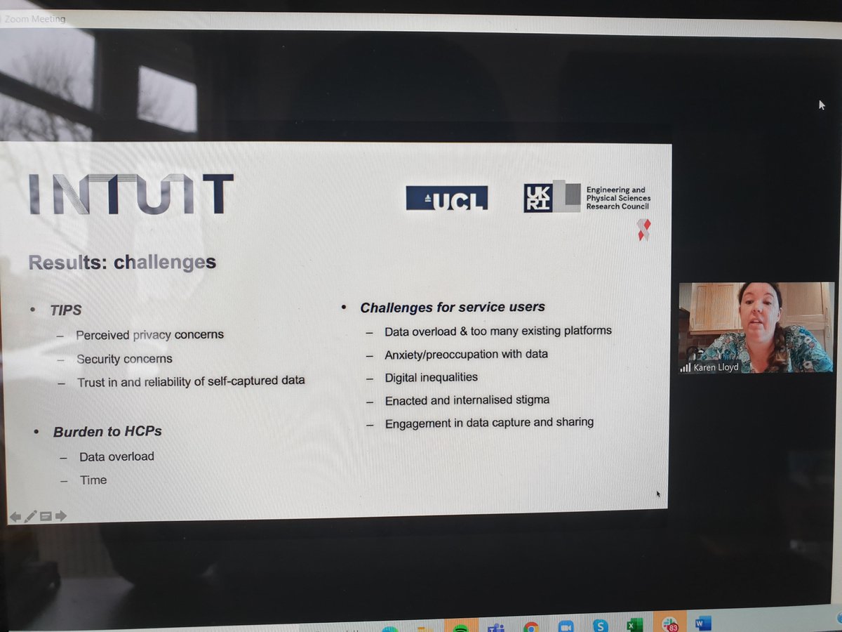 INTUIT_project's tweet image. .@KarenCLloyd on service user and clinician perspectives of
sharing patient-generated data: participants commented on possible data overload (from increased access to/knowledge of data). #INTUIT_project