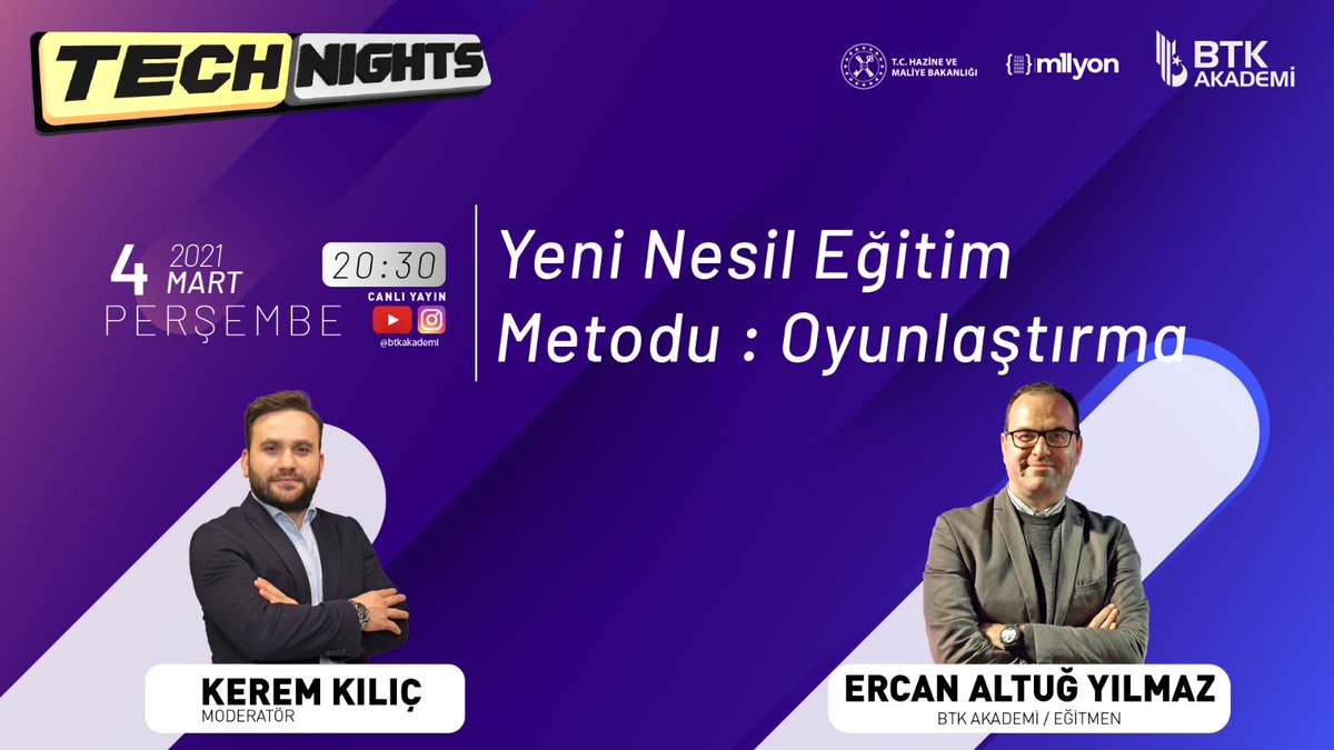 BTKAkademi's tweet image. Eğitmenlerimizden @ercanaltug bu hafta #Technights&apos;a konuk oluyor.🙋🏻‍♂️

#Oyunlaştırma&apos;ya olan ilgimi artırmak ve işi eğlenceli kılmanın yeni nesil yöntemlerini öğrenmek istiyorum diyorsan bu yayın kaçmaz.😎

🎬 4 Mart Perşembe 🕣 20.30

🔎youtu.be/VNYxmLsh-Og

@1milyonistihdam