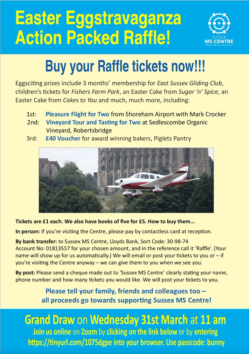 Our Eggsciting Easter #raffle tickets <a href="/MSCentreSussex/">Sussex MS Centre</a> are on sale now! Support the Centre and get a piece of the action!! See poster for details. Grand draw on Wednesday 31st March by Zoom... Thanks to <a href="/sedlescombevine/">Sedlescombe Organic</a> <a href="/pigletspantry1/">Piglet's Pantry</a> <a href="/FishersFarmPark/">Fishers Farm Park</a>